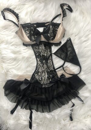 Seductive Sheer Black & Nude Lace Chemise Babydoll