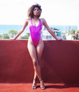 Fuchsia & Black Metallic String Exotic One Piece Dancewear