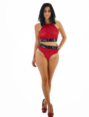 Racy Red & Black Fishnet Rhinestone High Waist Two Piece