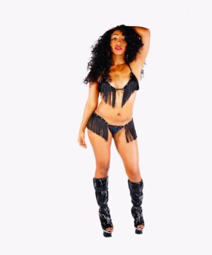 Fringe Black Velvet Rhinestone Two Piece